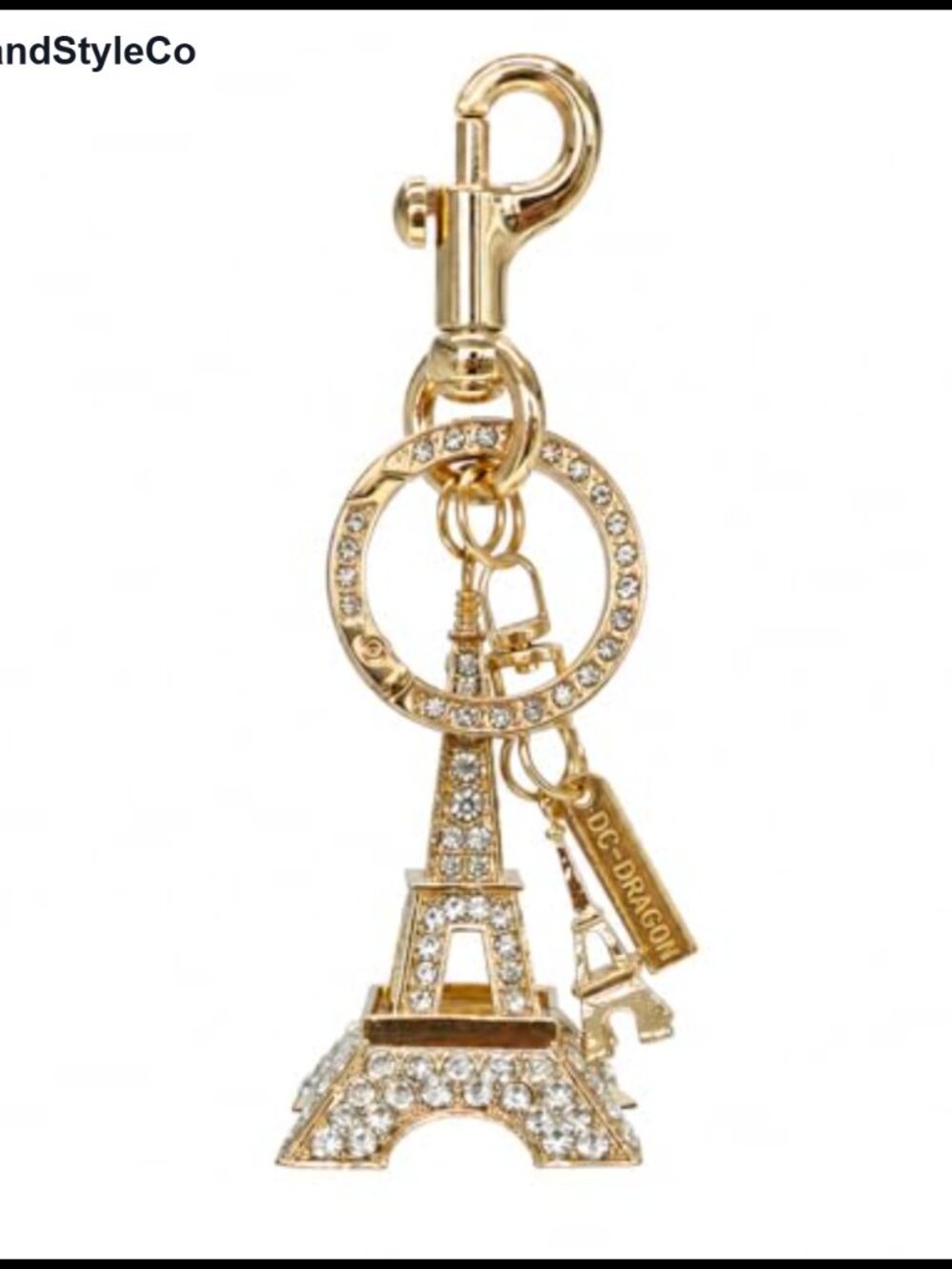 Eiffel Tower Bag Charm Rhinestone Keychain Gold Tone Purse Accessory